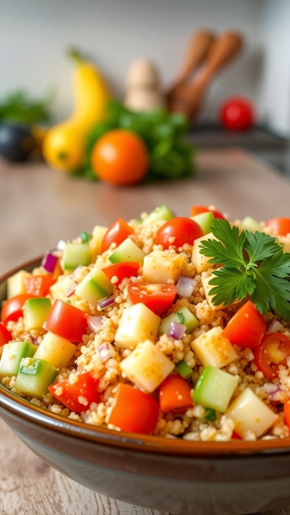 A vibrant quinoa salad with tomatoes, cucumber, bell peppers, and parsley in a bowl.